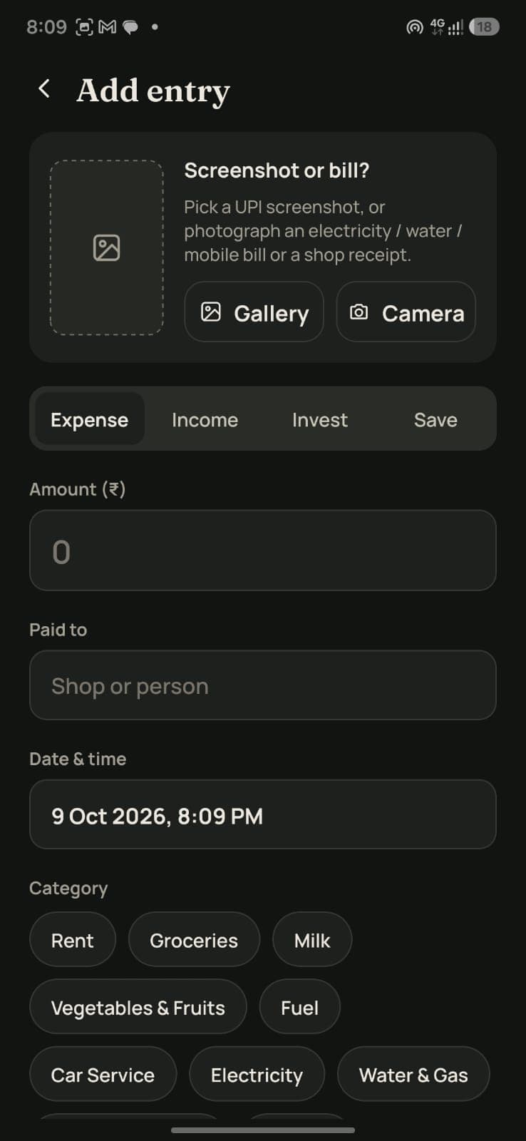 Add entry — from a UPI screenshot, a bill photo or by hand