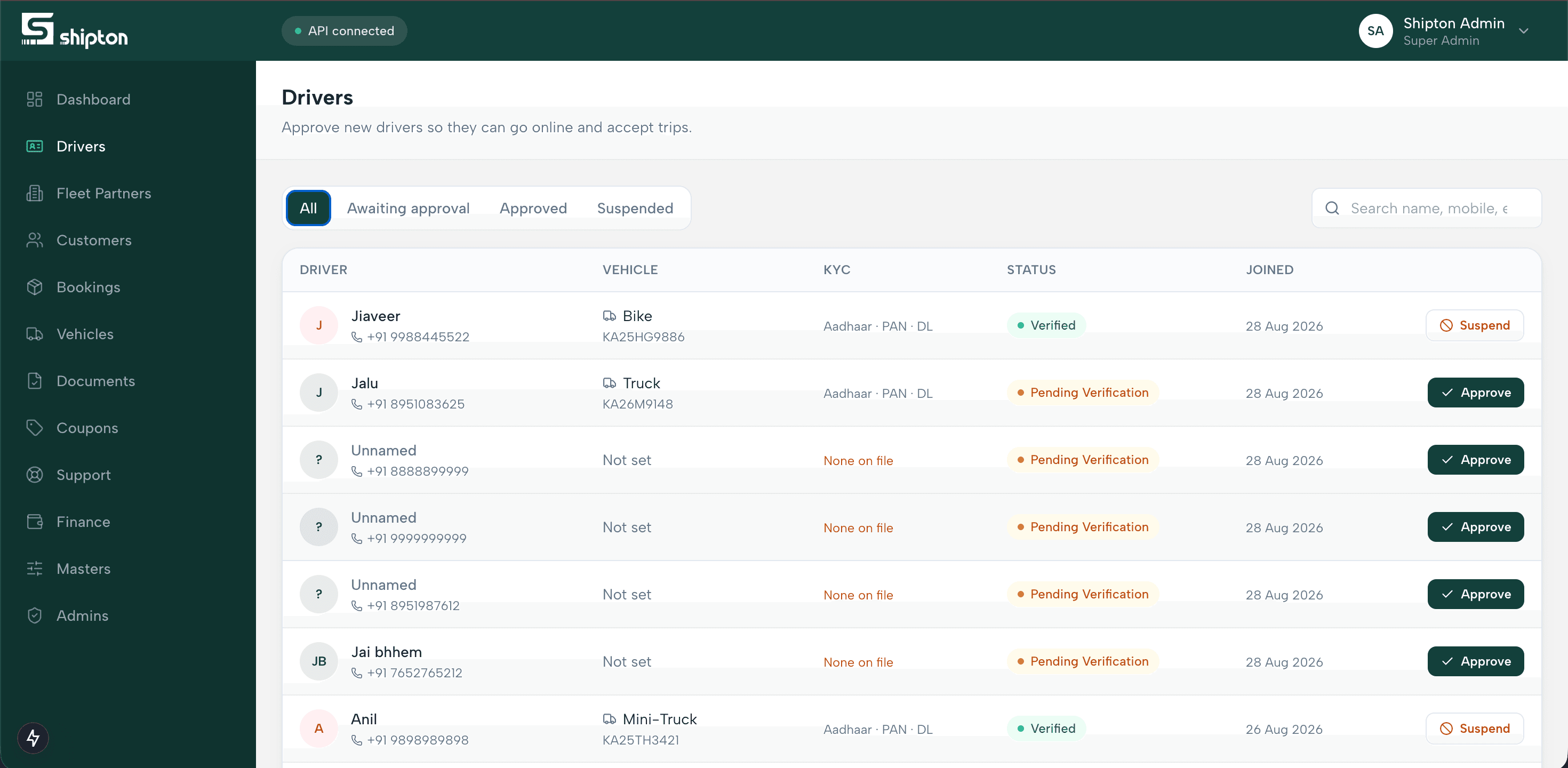 Drivers — vehicle, KYC documents and verification status