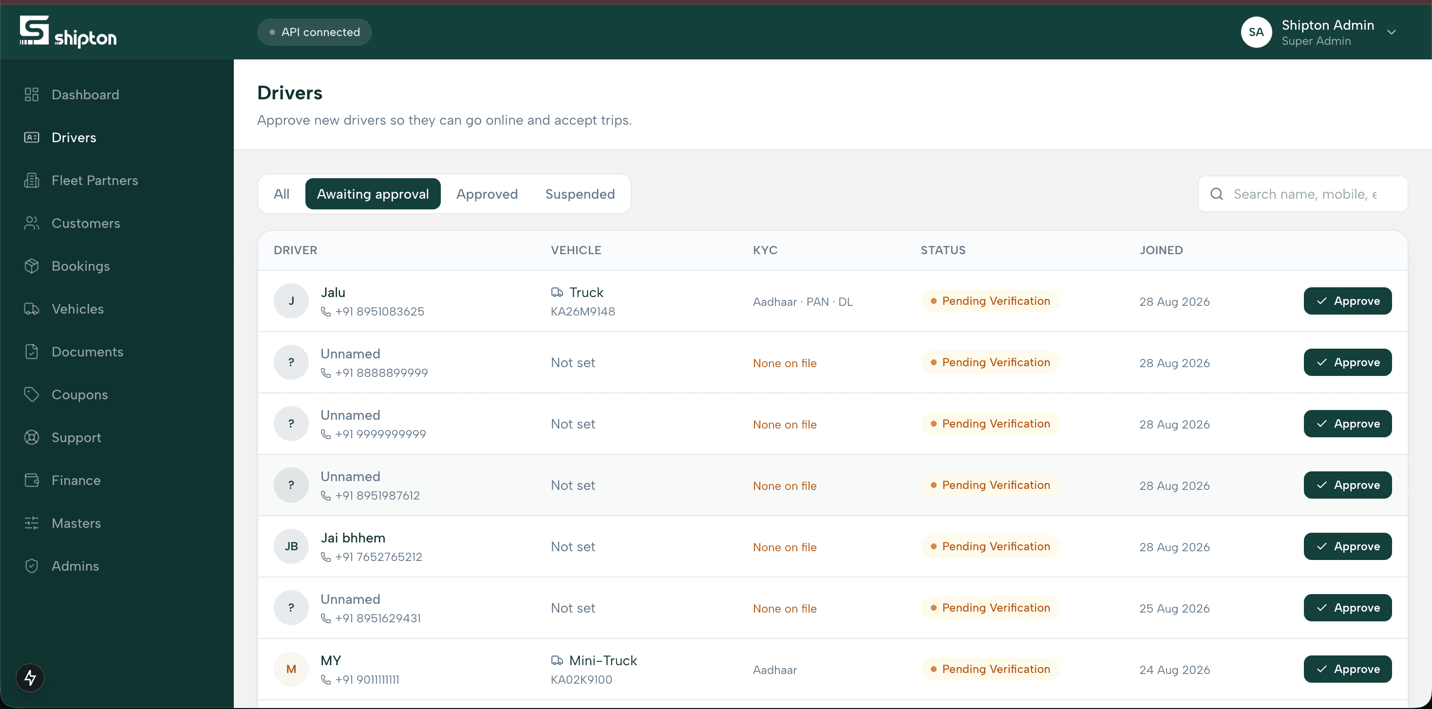 Approval queue — new drivers waiting to go online