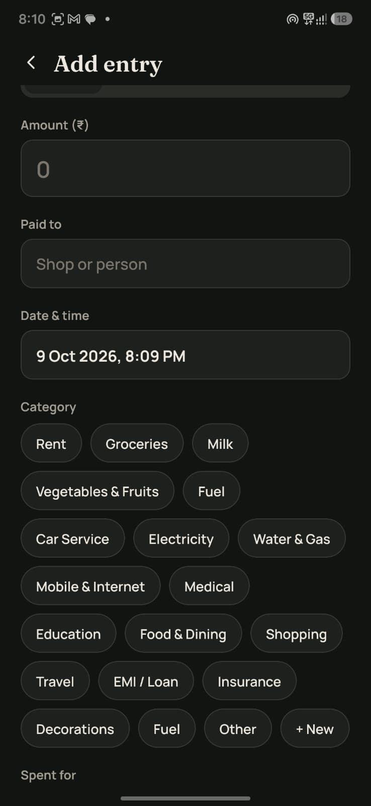 Every entry gets a category: rent, milk, fuel, EMI and more