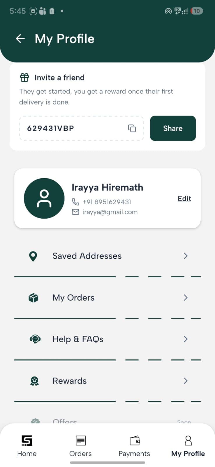 Profile — referral code, saved addresses, orders and help