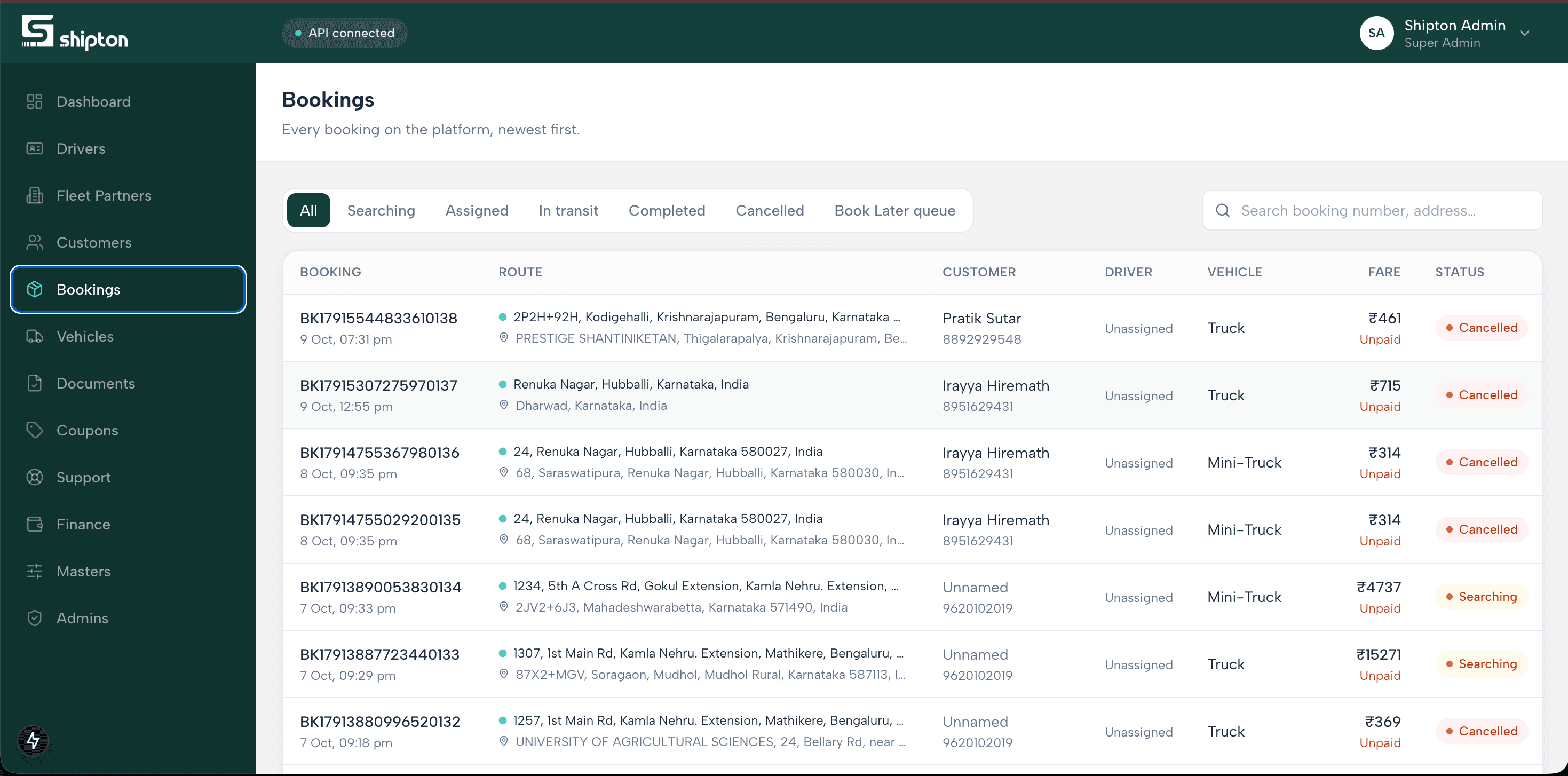 Bookings — every trip with route, customer, driver, fare and status