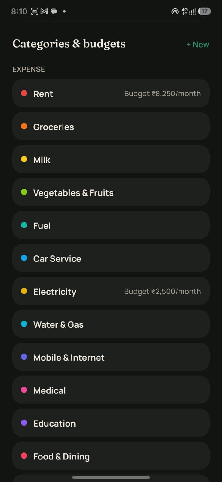 Categories with optional monthly budgets