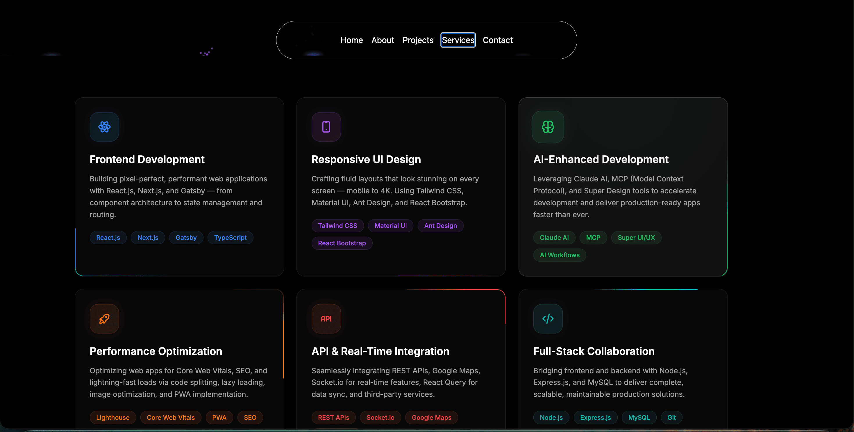 Services — cards with glowing, animated borders