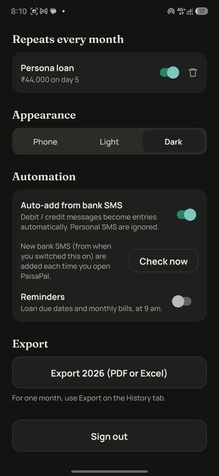 Recurring entries, auto-add from bank SMS, and PDF or Excel export