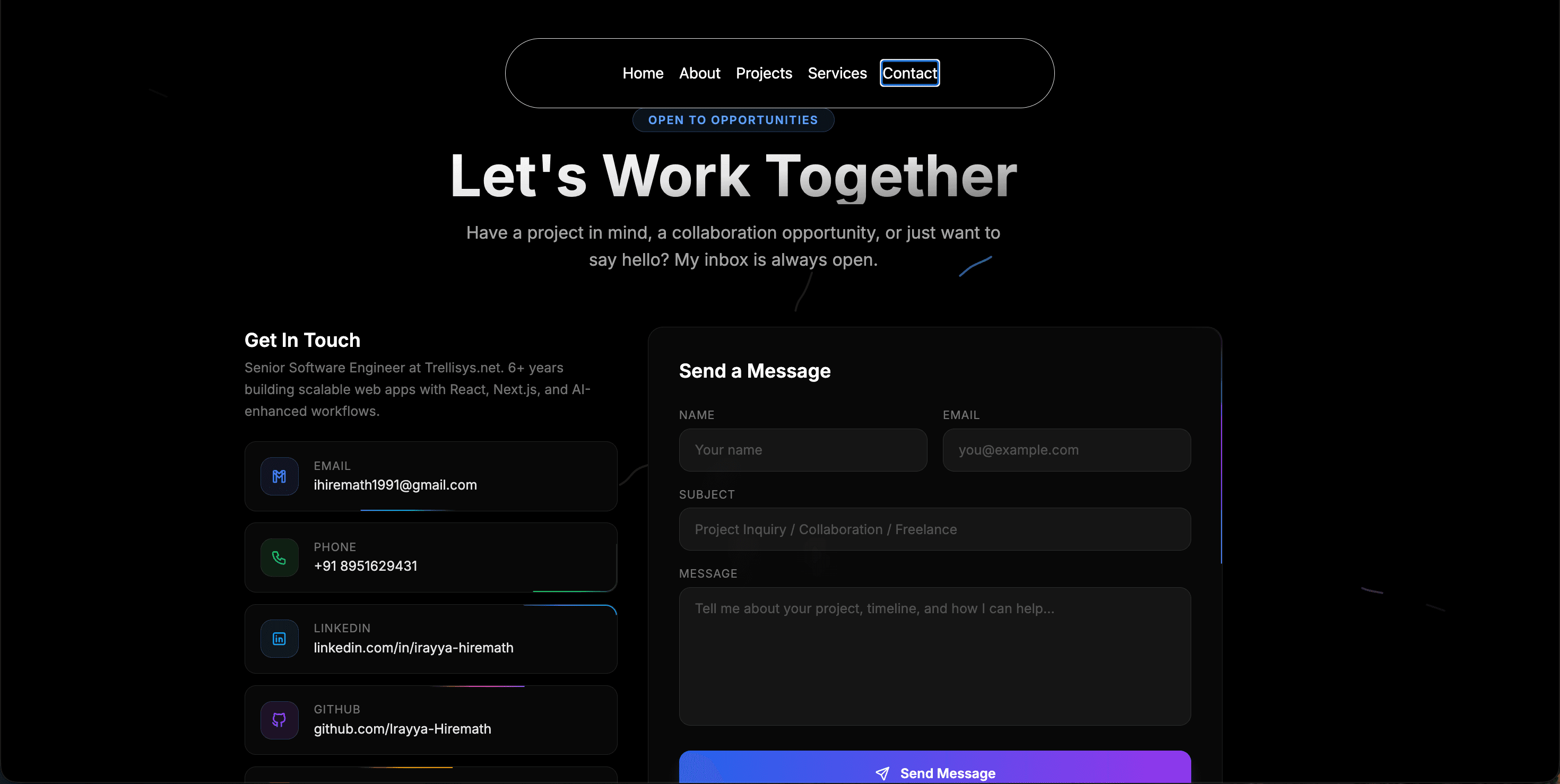 Contact — details and a message form over drifting beams