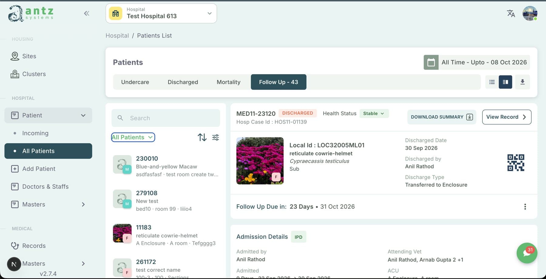 Hospital — patient list with follow-ups and discharge details